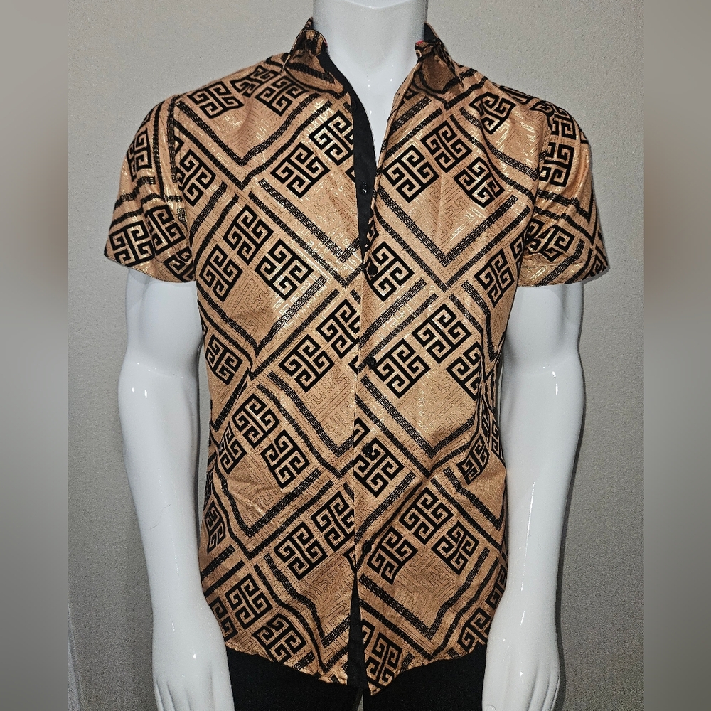 American Breed Men's Large Button Down Shirt Short Sleeve Gold Black Plaid NWT